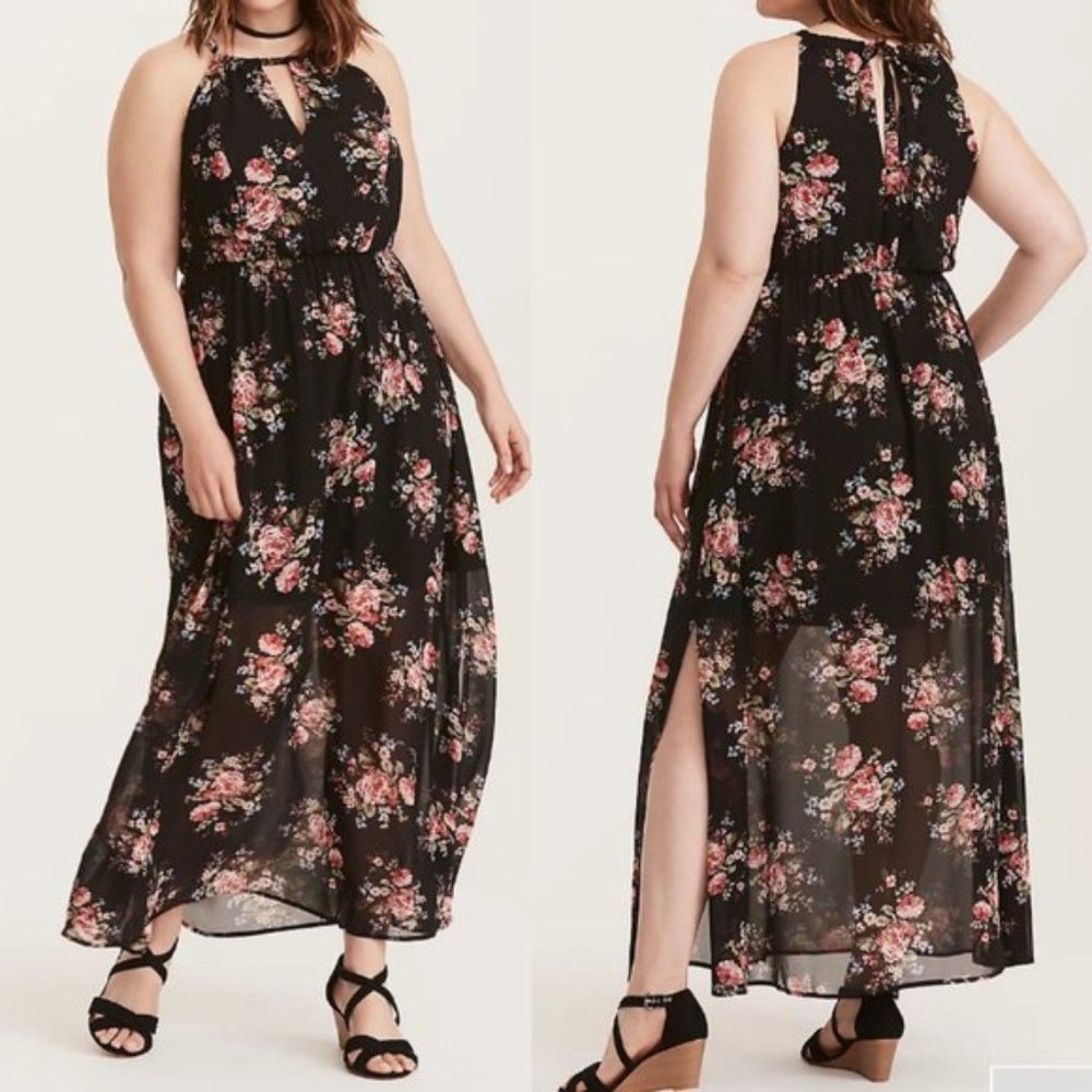 Torrid - 4x - Black Floral Cutaway Chiffon Maxi Dress - New - No Tags